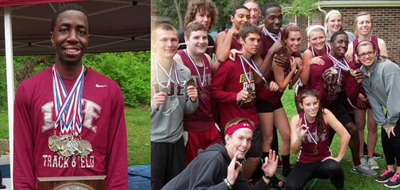 David Sanders (left) and the Red Wolves with their trophy haul from the KIAC meet.