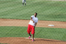 Marcus Isaac throws the first pitch at the Richmond RiverRats game on July 21.